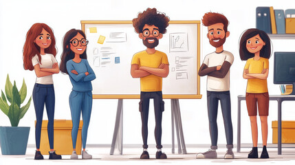 Obraz premium Four diverse colleagues stand together with arms crossed looking confident.