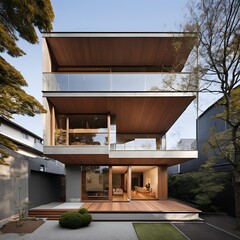 Three-story house with a modern design, featuring a wooden facade, large windows, and a balcony.