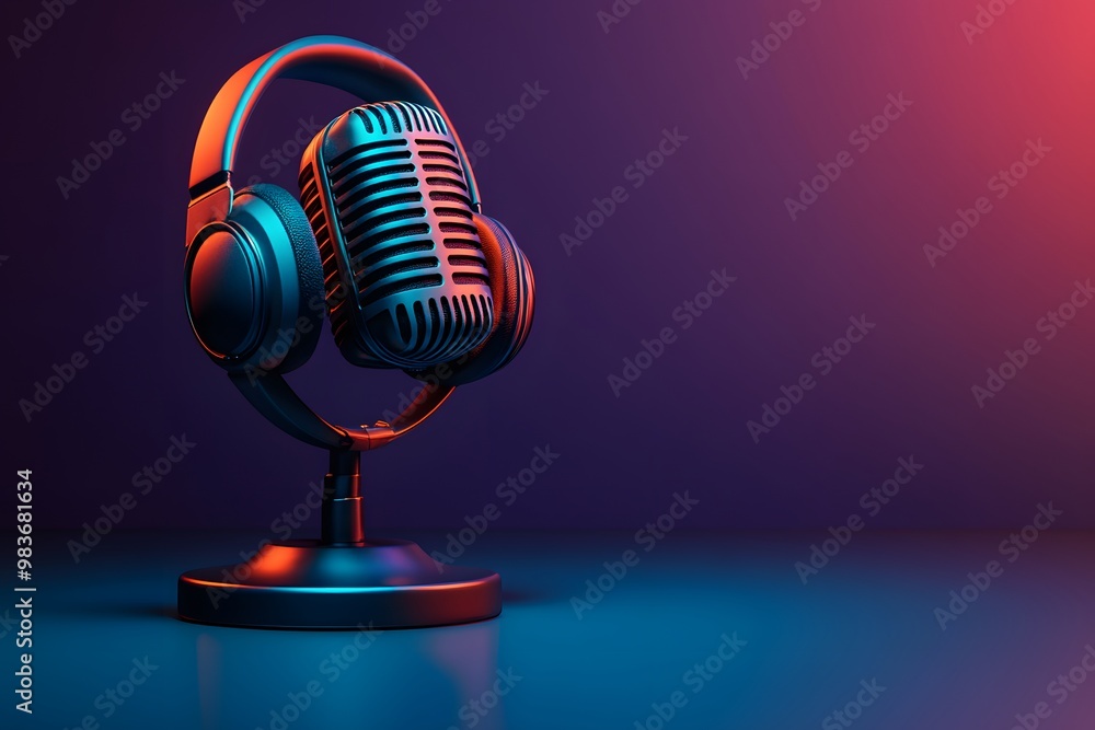 Wall mural vintage microphone with headphone of a background