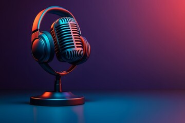 Vintage microphone with headphone of a background 