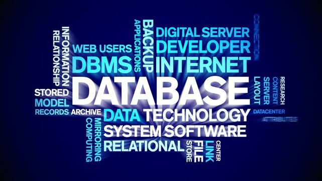 Database animated word cloud;text design animation tag kinetic typography seamless loop.