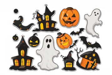 Spooky halloween stickers with ghosts, pumpkins, and haunted houses for crafting and decoration. AI