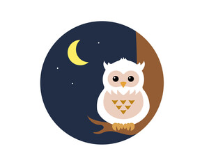夜空を背景に木に止まるフクロウ（ミミズク）のシンプルなイラスト