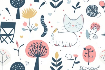 Whimsical nature and cat seamless pattern for fabric design and crafts. AI
