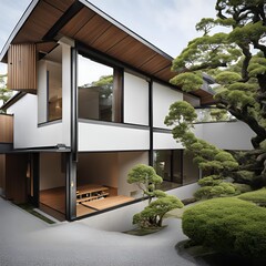 Two-story house with a modern design, featuring a white facade, large windows, and a serene garden.
