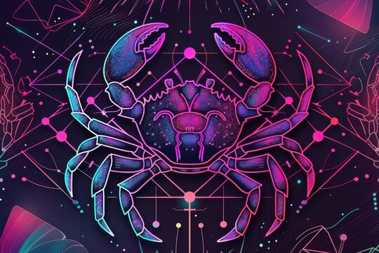 Neon abstract representation of zodiac sign cancer with cosmic design elements. AI