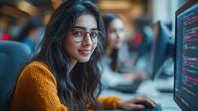 Young woman coding on a computer.