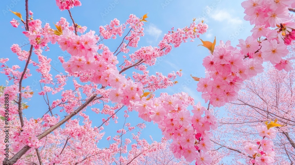 Poster pink cherry blossoms blooming under a blue sky