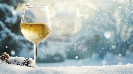 A glass of white wine with a snowy winter scene in the background