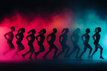Obraz premium A group of women run in silhouette against a colorful background of red and blue light, showcasing dynamic motion and energy.
