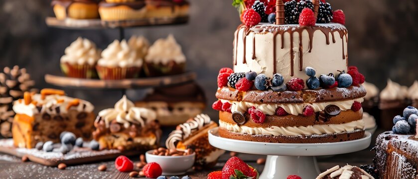 A decadent dessert spread featuring a variety of cakes, tarts, and pastries adorned with fresh berries and creamy frosting.
