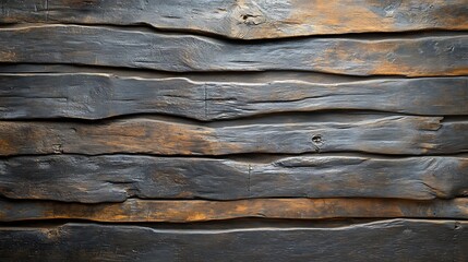 A close-up of a weathered wooden surface, featuring multiple dark brown planks, each with unique grain patterns and a slightly orange hue. The wood appears aged and worn, creating a rustic texture.