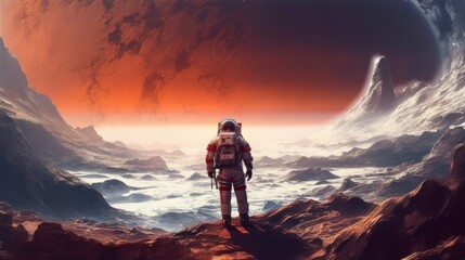 Fototapeta premium A man in a spacesuit stands on a rocky planet