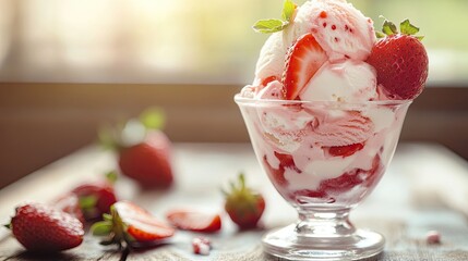 A strawberry ice cream sundae