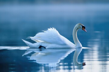 Fototapeta premium Serene swan gliding on tranquil lake at dawn with misty atmosphere AI