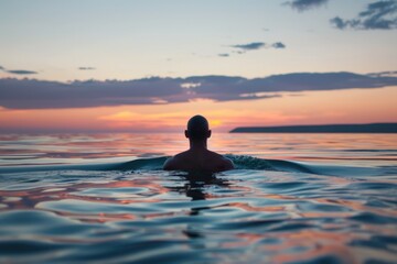 Serene sunset swim in the ocean for relaxation and tranquility. AI