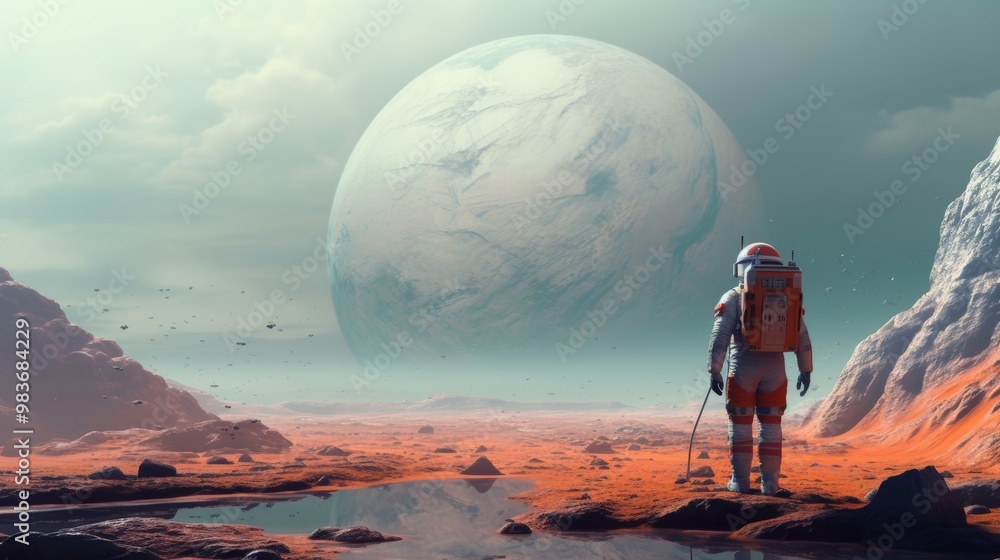 Poster a man in a spacesuit stands on a rocky planet next to a large planet