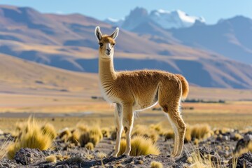 Majestic vicugna in the rugged terrain of the andean highlands AI