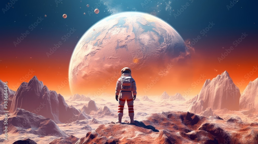 Poster a man in a spacesuit stands on a rocky surface looking up at a large planet