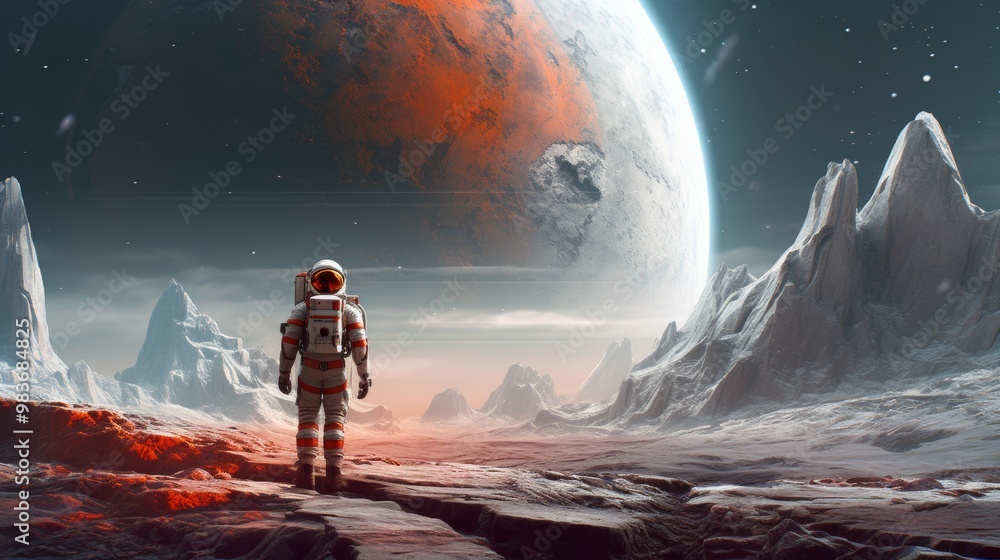 Poster a man in a spacesuit is walking on a rocky surface in front of a large planet