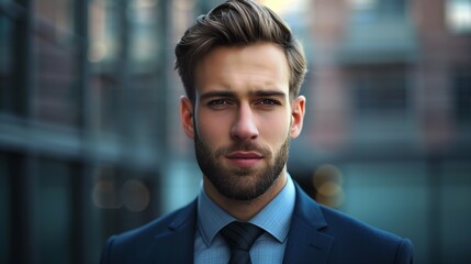 Fototapeta premium Professional Portrait of a Confident Businessman in a Modern Urban Setting, Wearing a Suit and Tie