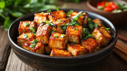 Fototapeta premium Close-up of a bowl of crispy, golden brown tofu cubes with herbs.