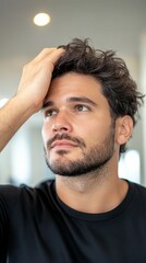 Obraz premium Man looking in the mirror while a stylist adjusts his hair, contemporary salon with minimalist design