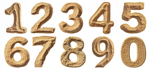 set of sand numbers: 1, 2, 3, 4, 5, 6, 7, 8, 9, 0. isolated on white background