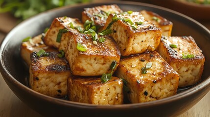Close-up of pan-fried tofu cubes in a brown bowl with green onions.
