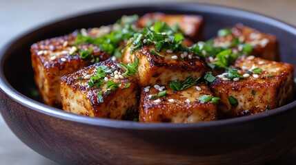 Crispy pan-fried tofu cubes with sesame seeds and herbs in a rustic wooden bowl.