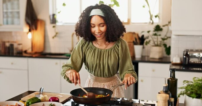 Kitchen, smell and woman with vegetables for cooking, frying and preparation for healthy diet at home. Culinary, female person and chef with food for staring, vegan and nutrition aroma with peppers