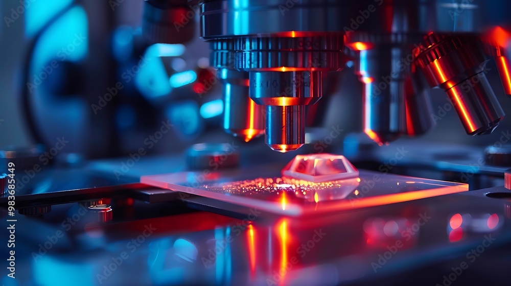 Poster microscope with a sample on the stage illuminated by red light, capturing the intricate details of s