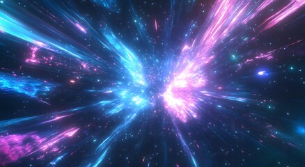 A background of neon light rays in blue and purple colors with an explosion effect on black,