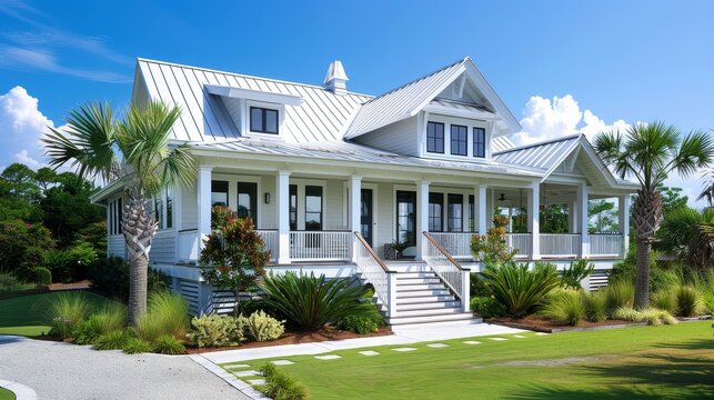 Modern coastal cottage in Seagate, North Carolina, featuring a white-painted metal roof, large front porch, and lush landscaping with palm trees and evergreen bushes.