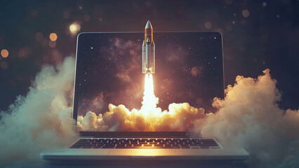 Laptop launching a rocket with smoke and fire, symbolizing a startup concept.