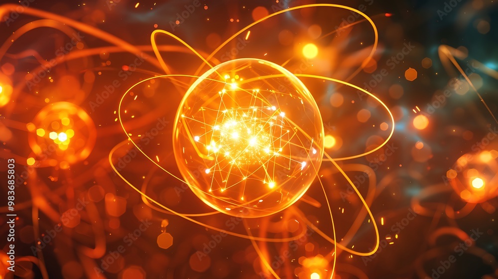 Poster vibrant abstract image featuring a glowing sphere representing an atom with orbiting electrons, show