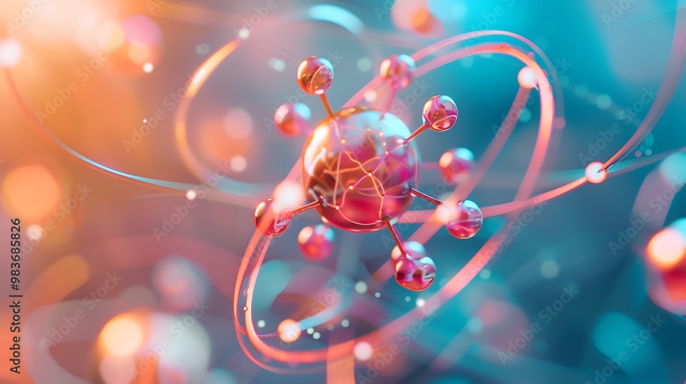 Poster stylized 3d rendering of a molecular structure, featuring a central sphere connected to smaller sphe