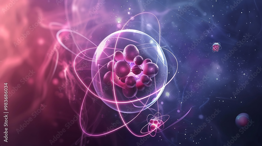 Poster abstract 3d atom nucleus orbiting electrons depicting the basic building blocks of matter placed on 