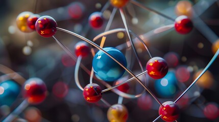 Atomic model with a blue center representing the nucleus and red spheres representing electrons orbiting.