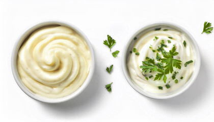 A bowl with white mayonnaise dip, side and top view, flat lays, food bundle, isolated on a white background