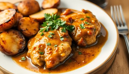 plate of tender chicken marsala with a side of roasted potatoes