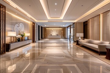 Modern Chinese style hotel lobby featuring light luxury and spacious design, cream color scheme, wall relief carvings, marble floor, and elegant decor with a chandelier and clean lines.