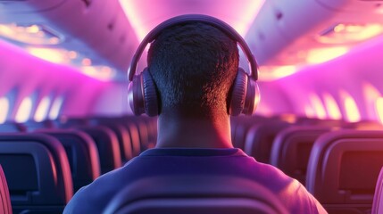 Airplane cabin with passengers wearing headphones, immersed in their music