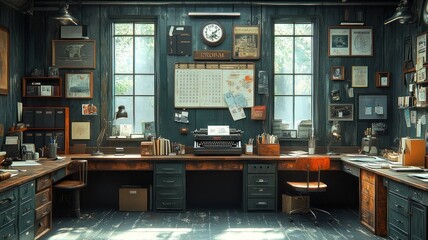 Vintage office space with desks, a printer, and wall decor.