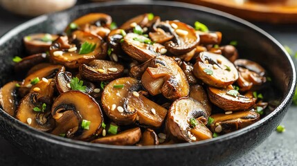 Fototapeta premium Closeup of sauteed mushrooms with red peppers and green onions in a black bowl.