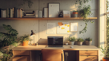 A computer desk with a laptop and a chair
