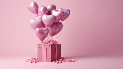A pink box with pink balloons and confetti inside