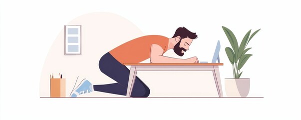 Employee taking a break to do push-ups next to their desk, staying active at work