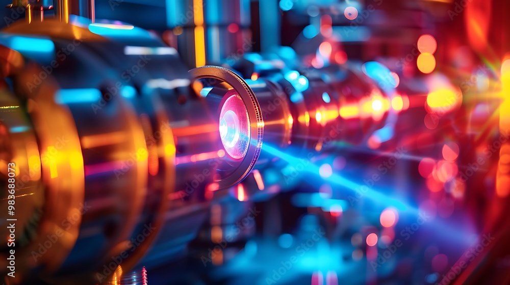 Poster close-up of a laboratory instrument with red and blue laser beams emitting from it. the image captur