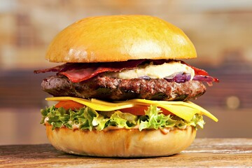 A delicious burger with layers of lettuce, cheese, and bacon on a wooden surface.